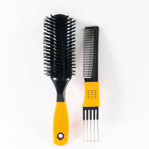 Boar Bristle Brush with Metal Comb Set