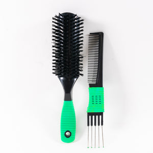 Boar Bristle Brush with Metal Comb Set