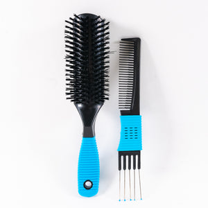 Boar Bristle Brush with Metal Comb Set