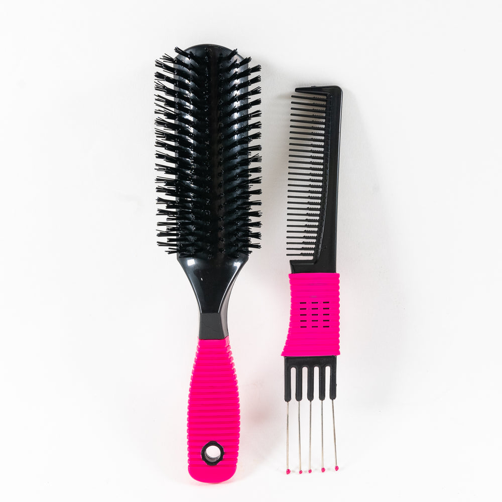 Boar Bristle Brush with Metal Comb Set